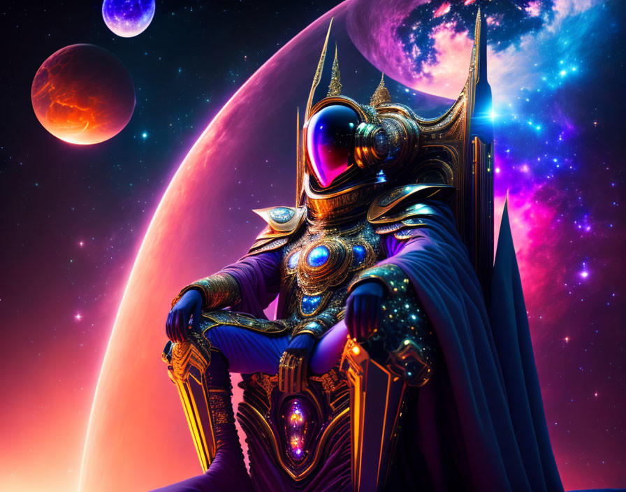 Regal figure in golden armor against cosmic backdrop with planets