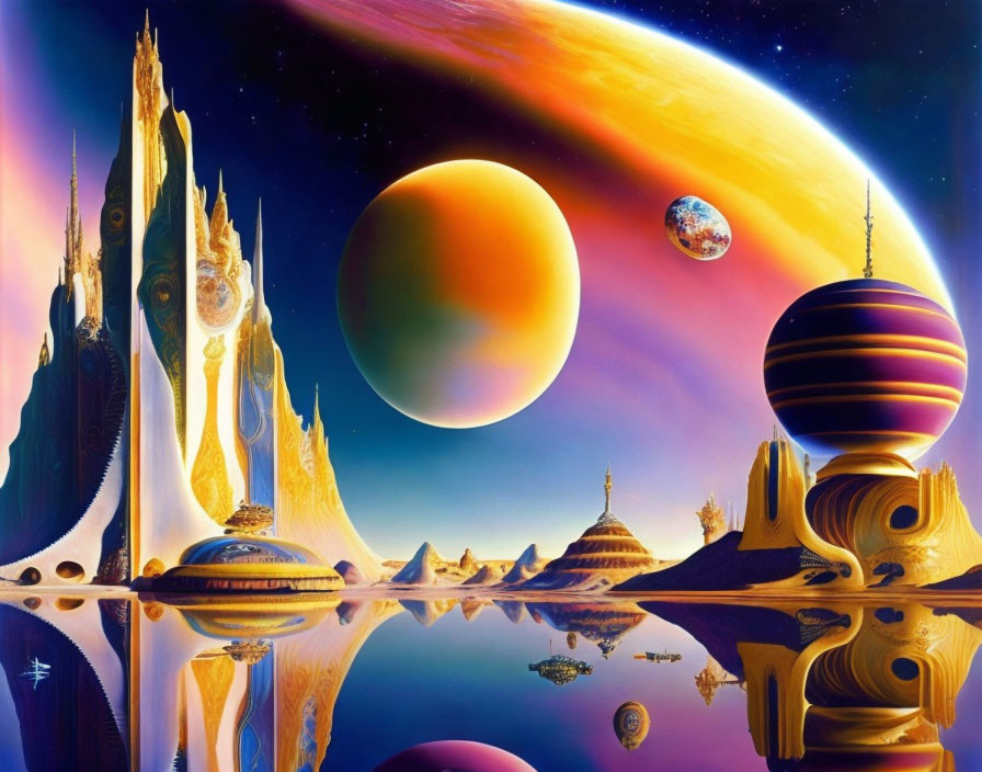 Futuristic sci-fi landscape with reflective buildings and colorful planets