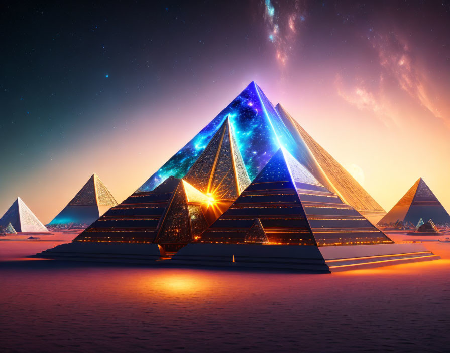 Futuristic glowing portals in ancient pyramid desert scene