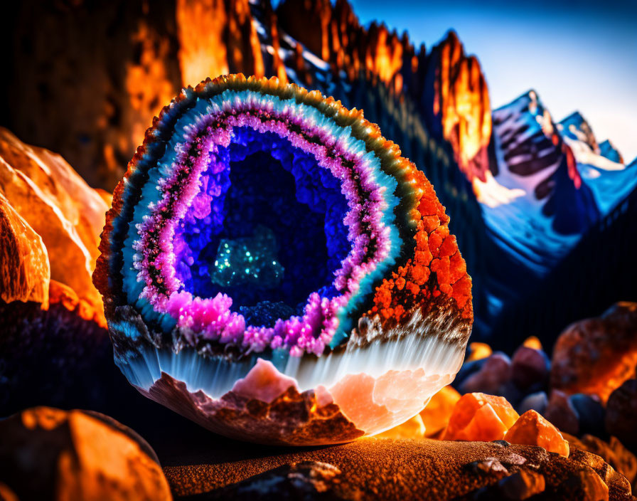 Vibrant purple geode against fiery orange cliffs & blue mountain peaks