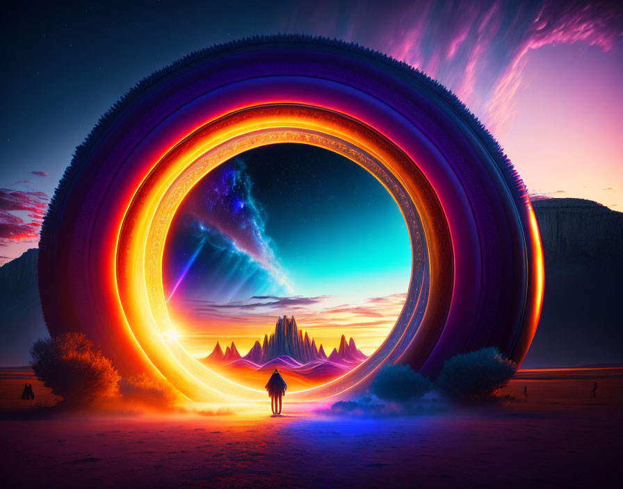 Gigantic neon-lit portal in cosmic desert twilight landscape