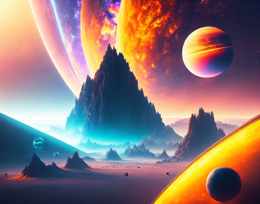 Colorful sci-fi landscape: towering rock formations, celestial bodies, star-filled sky.