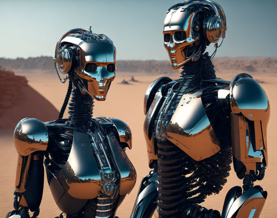 Highly Detailed Humanoid Robots in Reflective Desert Landscape