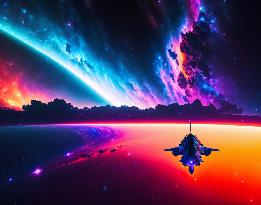 Military fighter jet over colorful cosmic sky and water.