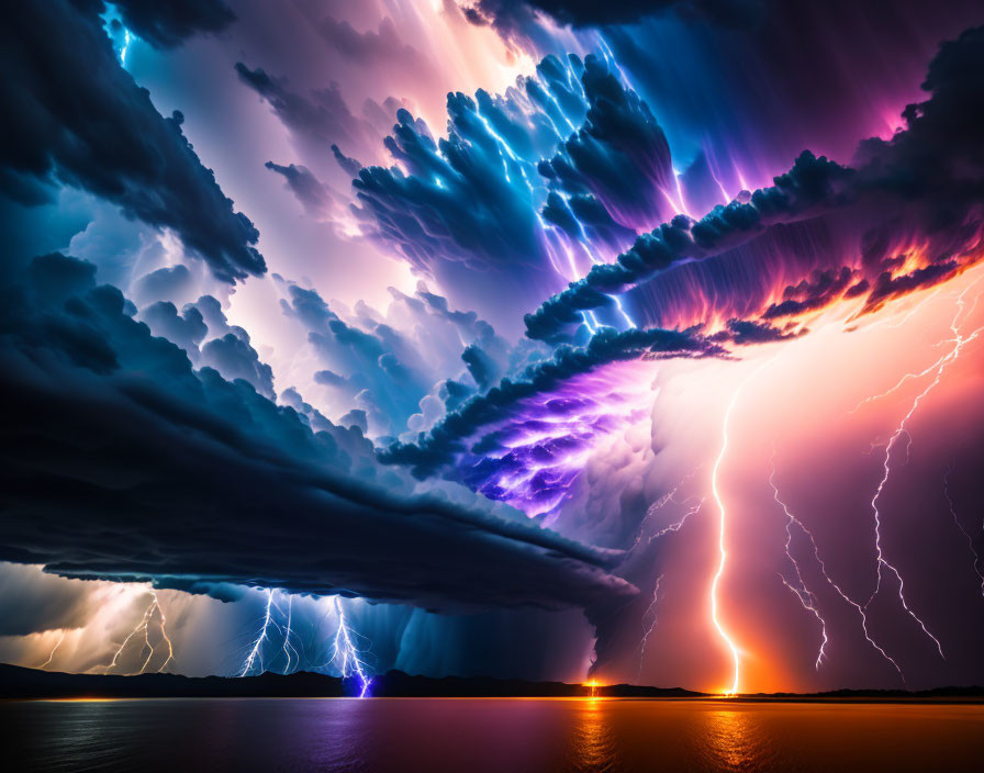 Intense Thunderstorm with Lightning Strikes Over Water