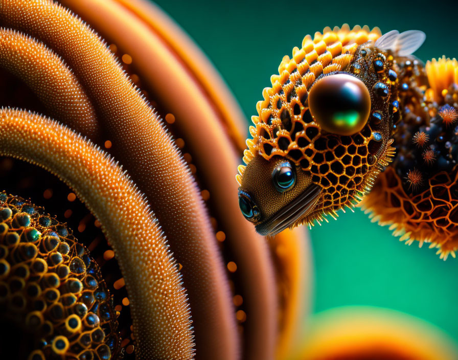 Detailed abstract image: Surreal creature with honeycomb patterns, vibrant orange hues, glossy eye, on