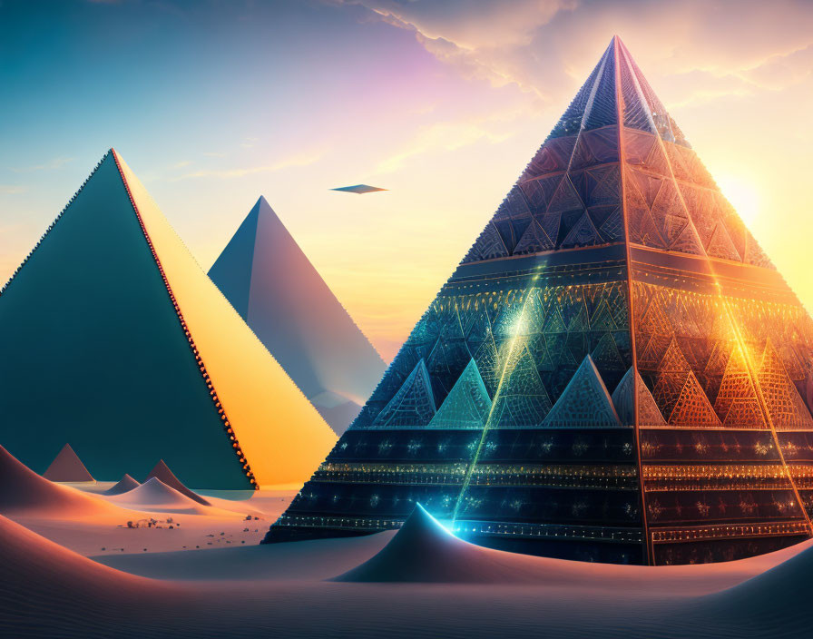 Futuristic glowing pyramids in twilight desert with flying object