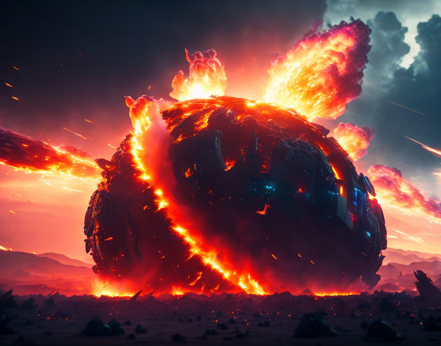 Fiery explosion engulfs spherical object in desolate landscape