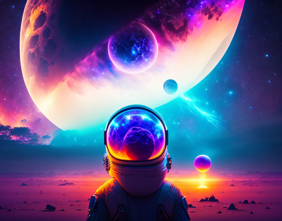 Astronaut on alien planet gazes at colorful sky and celestial bodies