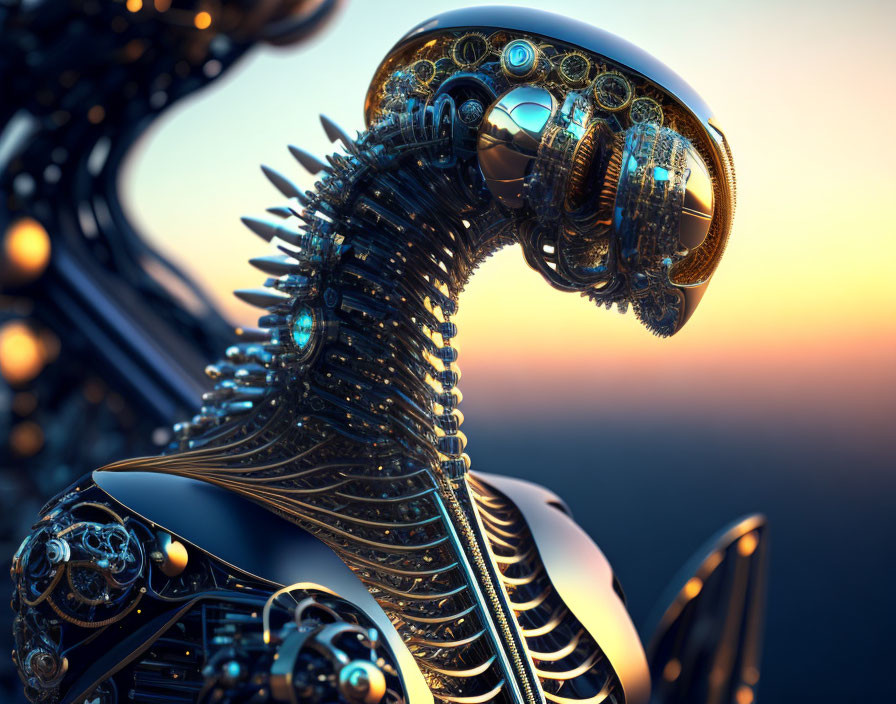 Detailed Futuristic Mechanical Structure with Gears and Spines in Sunset Setting