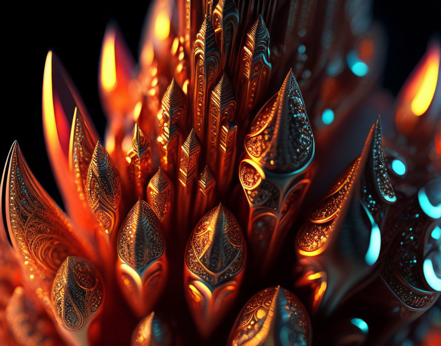 Vibrant 3D fractal image: Fiery petals, blue and orange hues