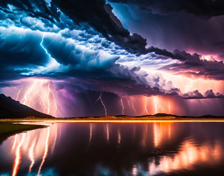 Intense thunderstorm with lightning strikes over dark clouds and colorful reflections on lake at dusk