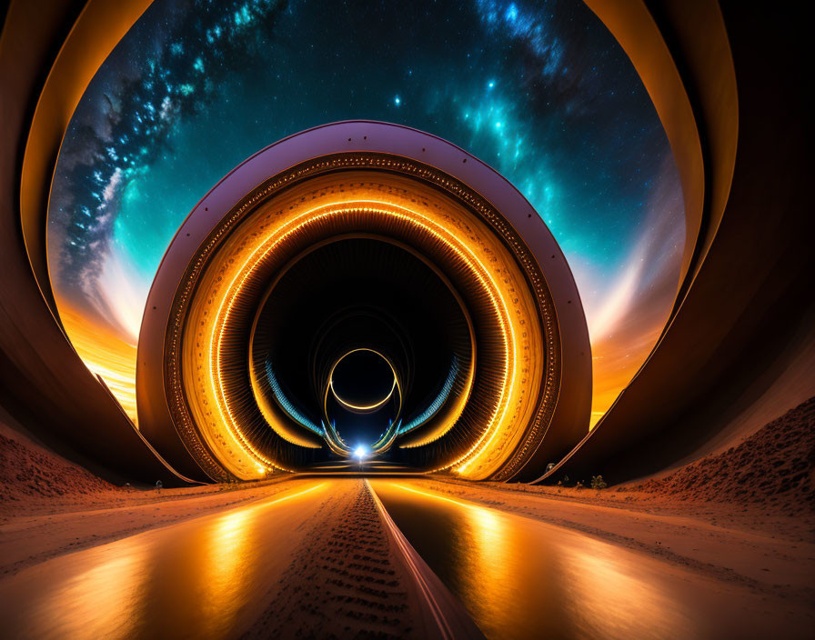 Surreal wide-angle tunnel photo with warm and cool lighting effects