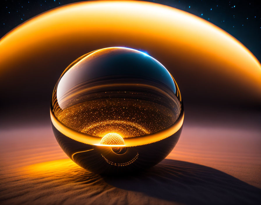 Crystal ball distorts sunrise/sunset loop on sandy surface