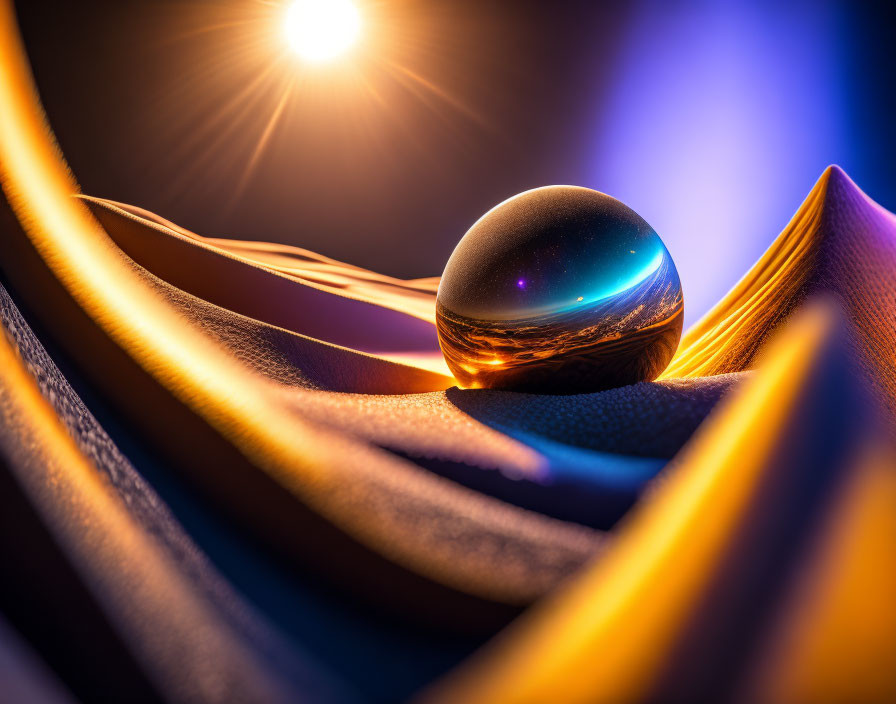 Glass sphere on orange and blue draped fabric under warm sunset light