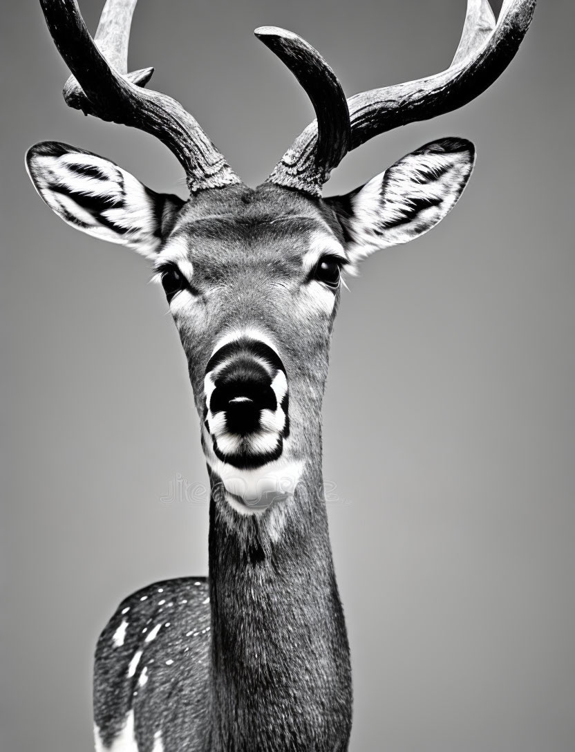 Spotted deer with antlers in black and white portrait