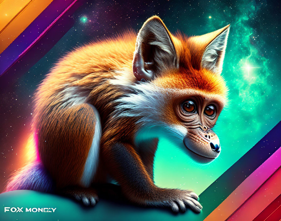 Colorful Cosmic Fox Artwork with Large Eyes and "FOX MONEY" Text