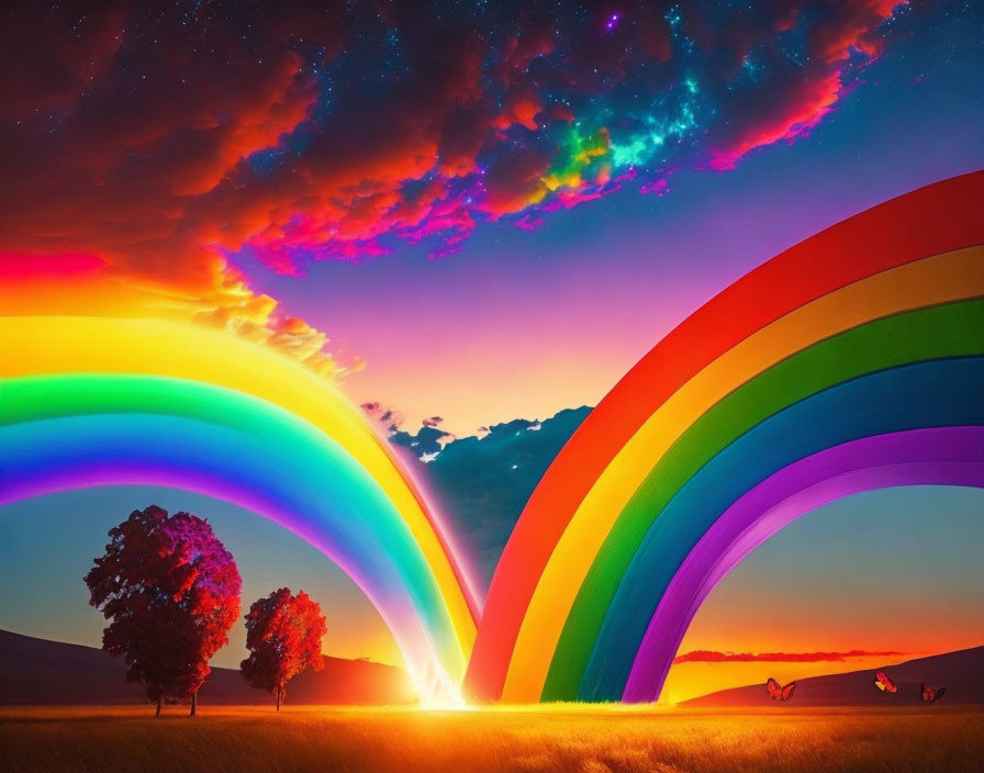Colorful digital artwork: Two rainbows over serene landscape