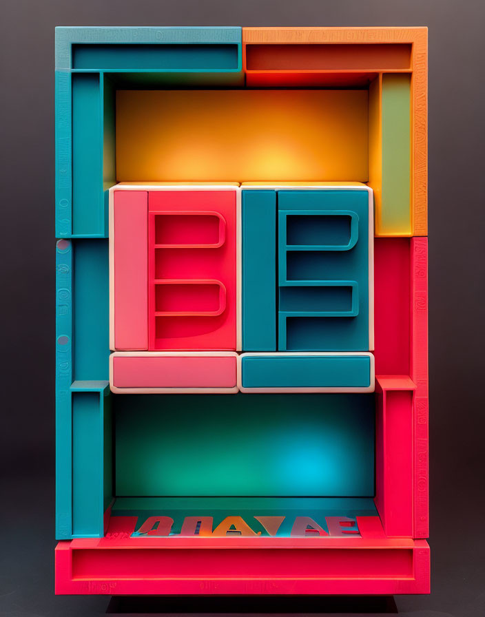 Vibrant 3D letters "BEBGDAE" in colorful frame display