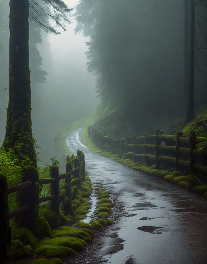 Tranquil misty forest path with moss-covered fence & reflective puddles