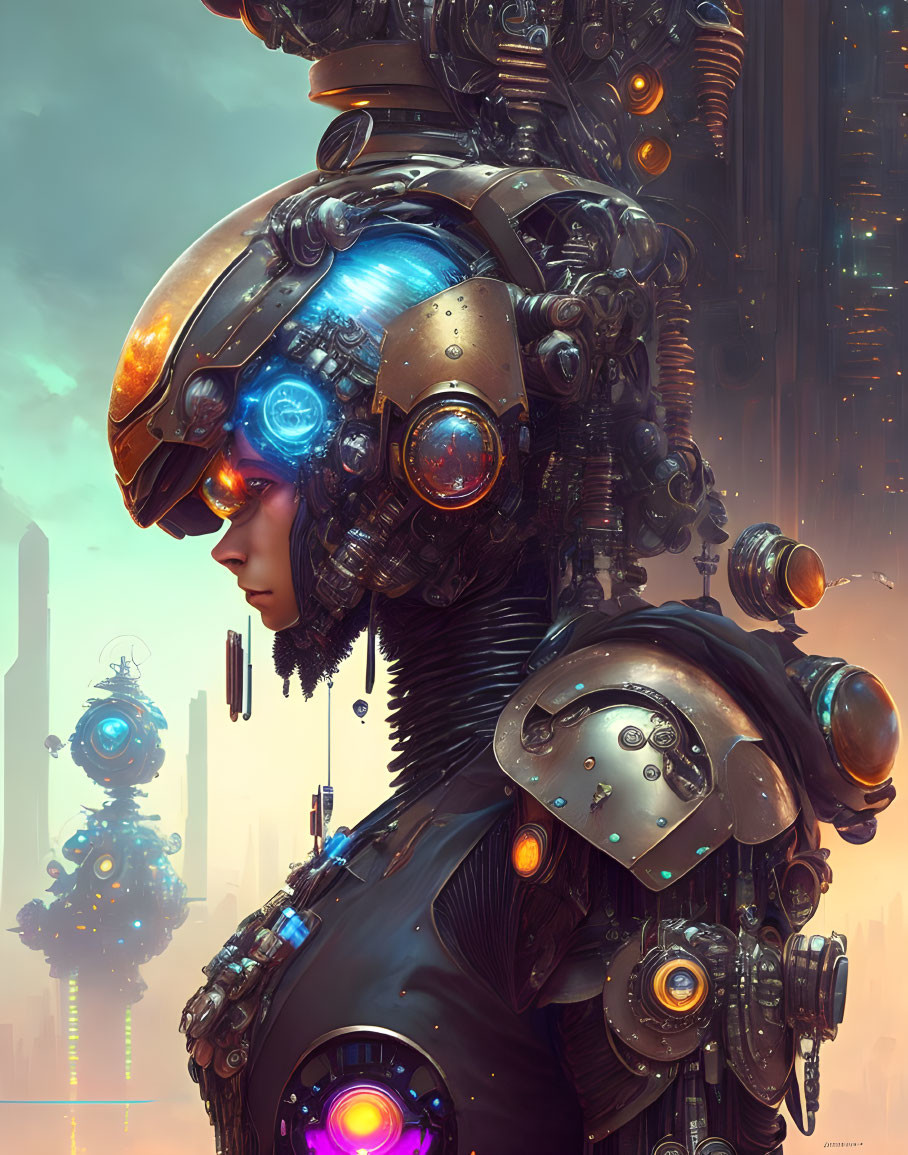 Futuristic portrait with high-tech helmet and cityscape