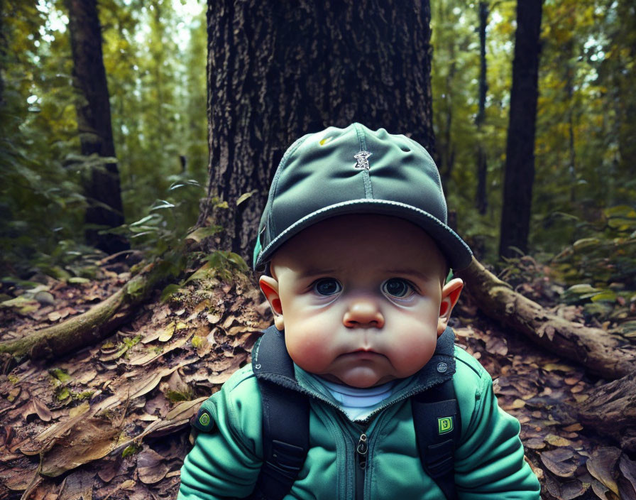 Baby with Big Eyes in Green Cap and Jacket Sitting in Forest