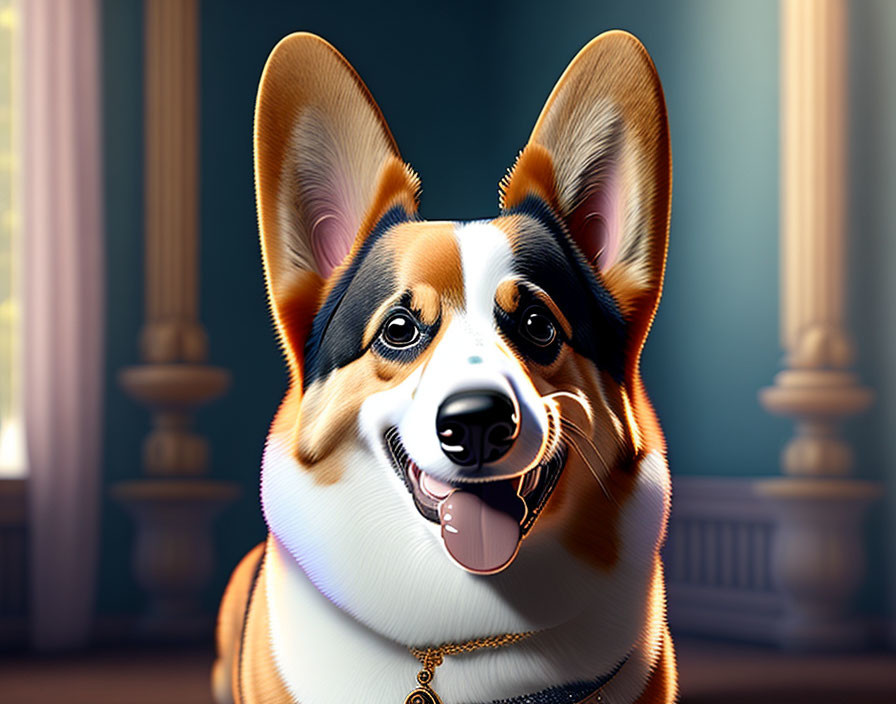 Regal Corgi Portrait with Golden Collar and Classical Columns