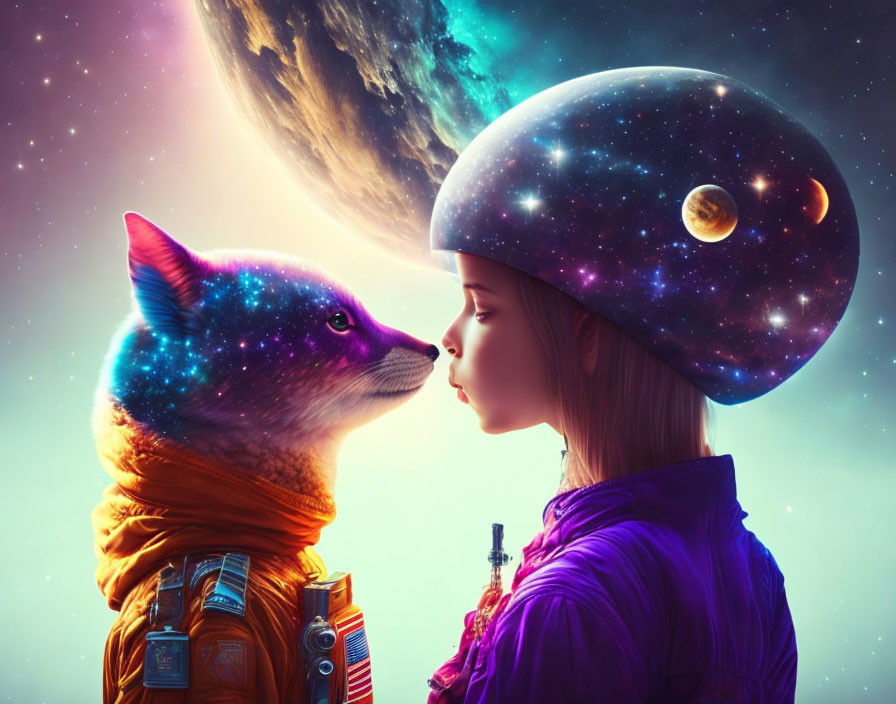 Girl and fox in space suits with galaxy helmets face off in front of large moon and stars