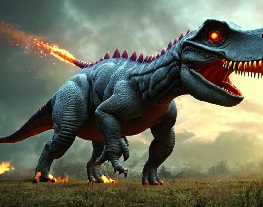 Digital dinosaur with red eyes and purple spines breathing fire in dramatic sky