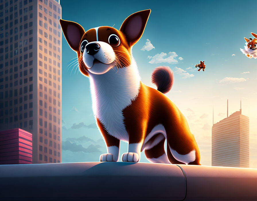 Cartoon corgi on rooftop at dusk with flying dogs in city skyline