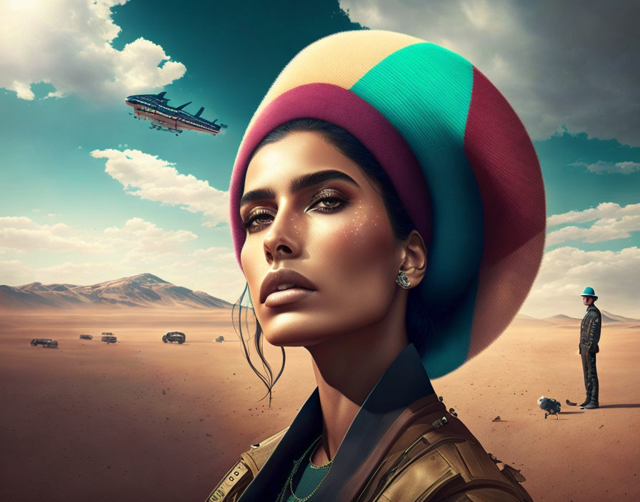 Colorful hat woman with striking makeup in desert with dune buggies, distant figure, and