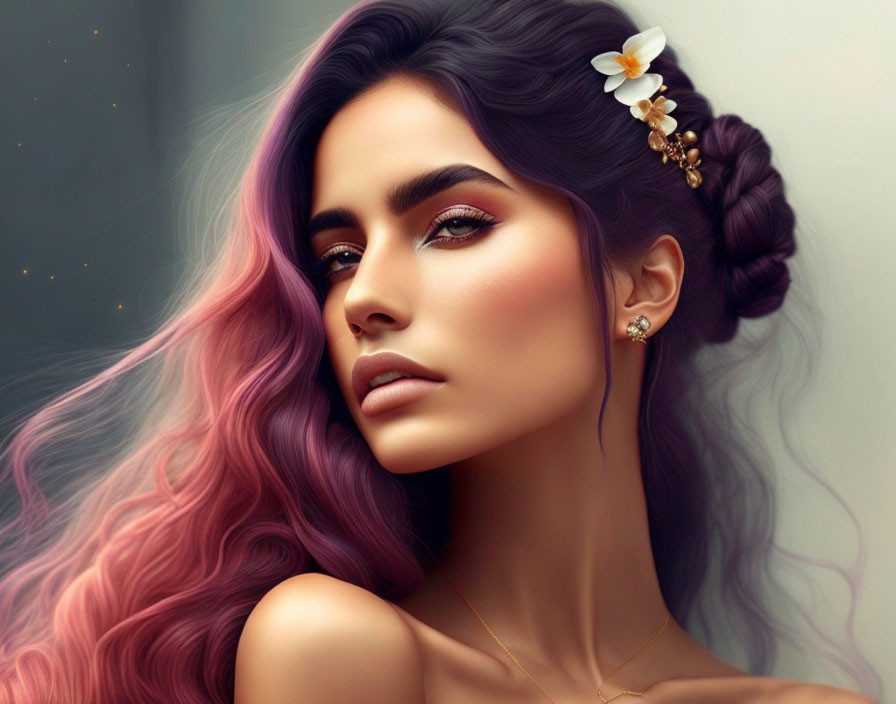 Detailed Digital Art: Woman with Pink-Purple Ombre Hair and Braided Style