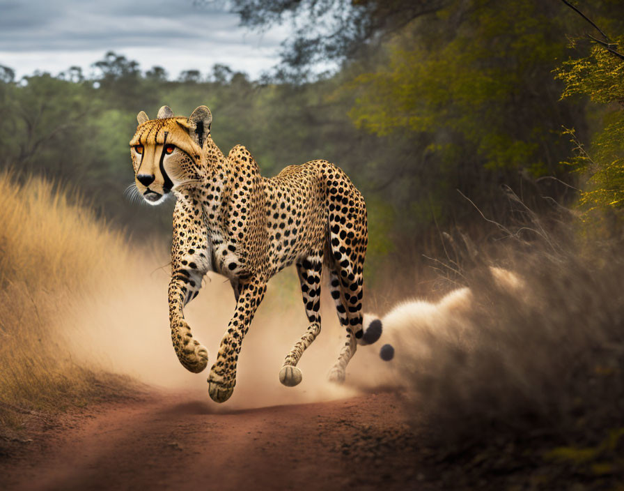 Sleek cheetah running on dusty trail with green backdrop