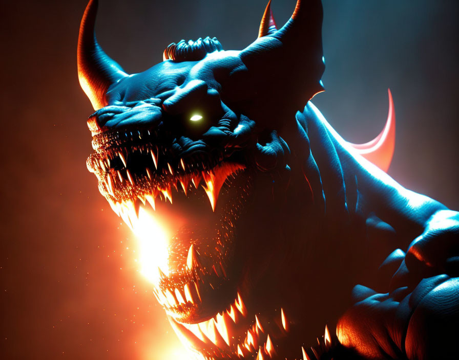 Blue dragon with glowing eyes and sharp teeth on dark fiery background