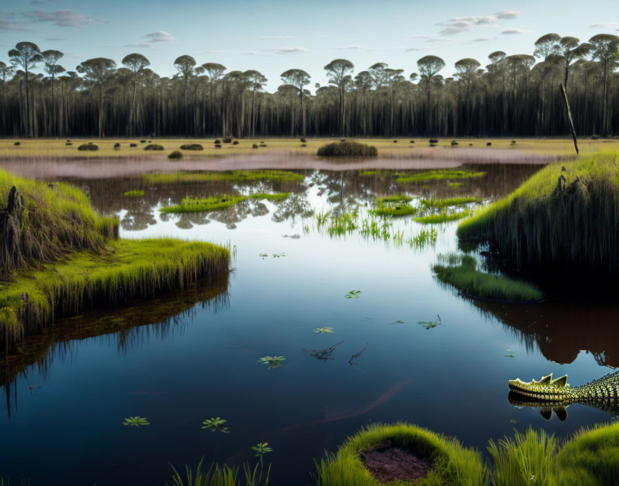 Tranquil wetland with reflective water, lush greenery, lily pads, and lurking all