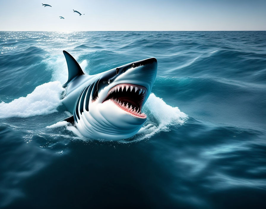 Great White Shark Breaching Ocean Surface with Birds in Clear Blue Sky