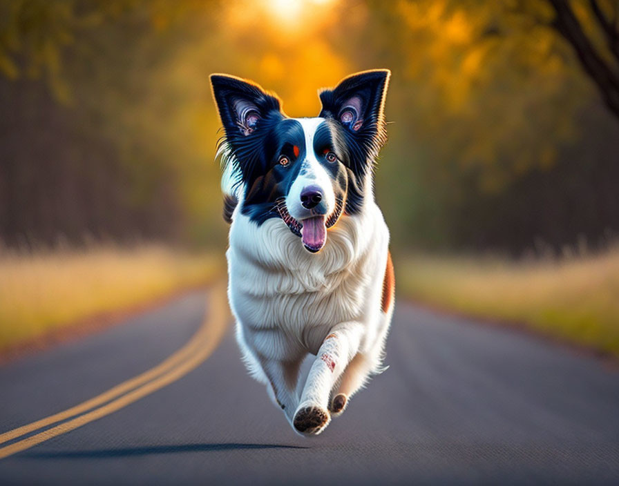 Border Collie running on autumn road with sunlight