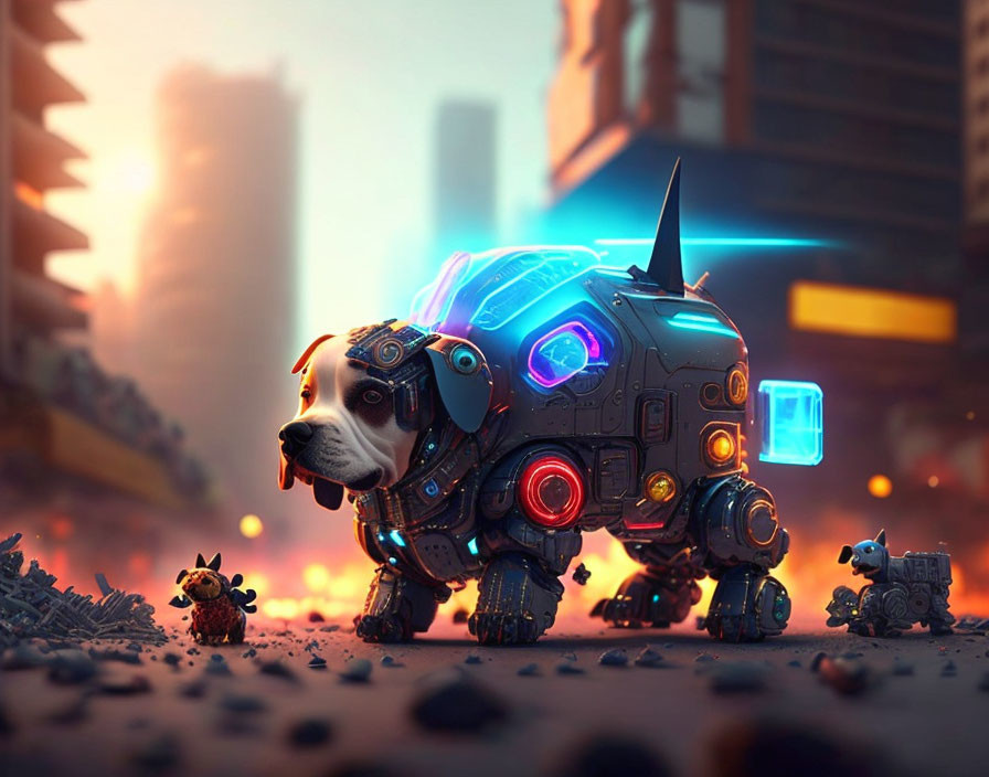 Futuristic robotic dog and small companion in glowing cityscape