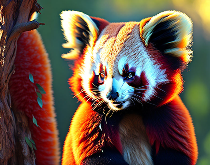 Colorful Red Panda Resting on Branch in Sunlit Greenery