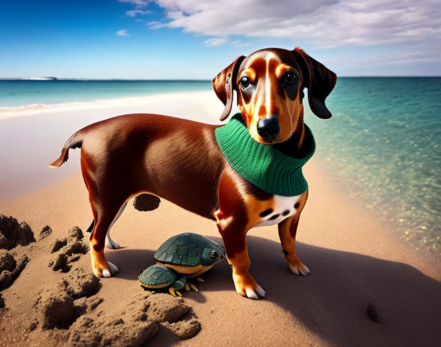 Brown Dachshund Dog in Green Scarf on Beach with Toy Turtle, Blue Sky & Cloud