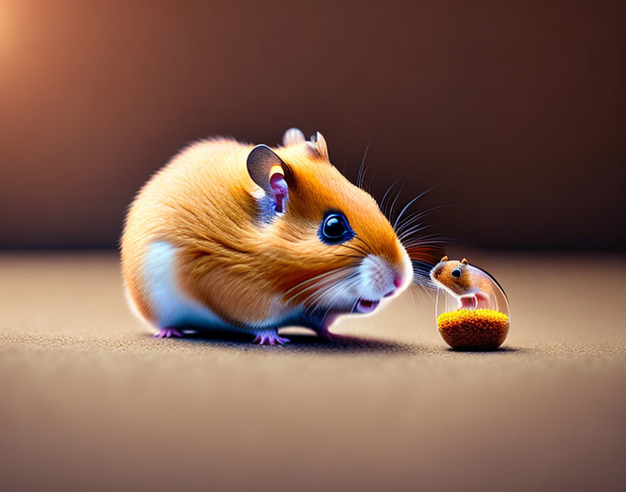 Golden-Brown Hamster Sniffing Acorn in Soft-Lit Setting