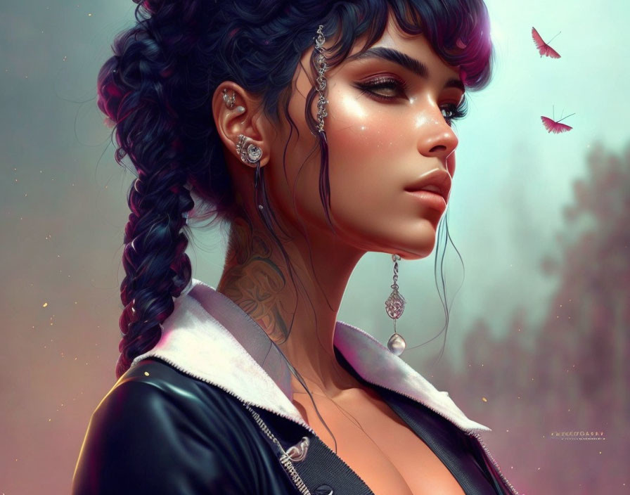 Digital painting: Woman with braided hairstyle, tattoos, piercings, leather jacket, hummingbirds