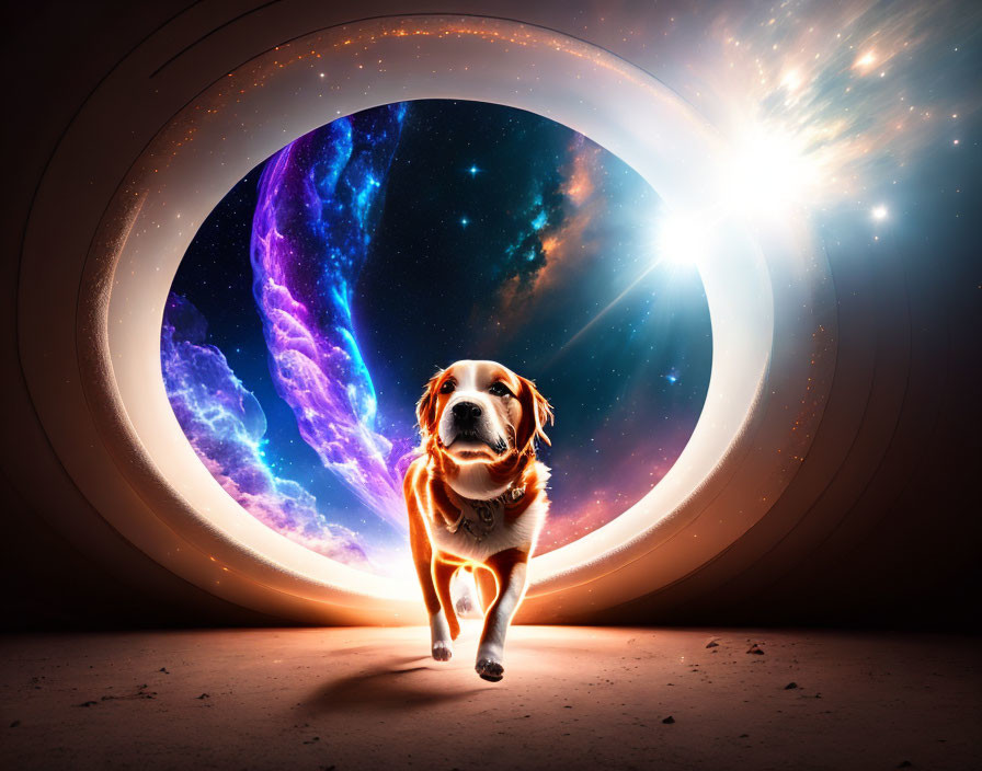 Dog in front of glowing futuristic portal with space backdrop