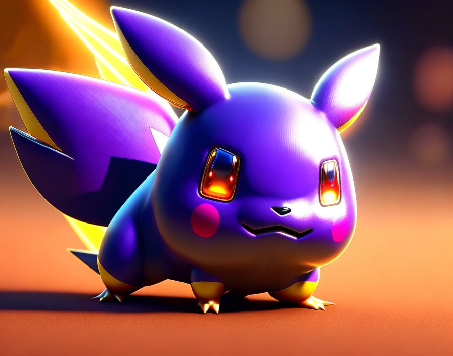 Purple Pikachu 3D illustration with glowing eyes and electric energy