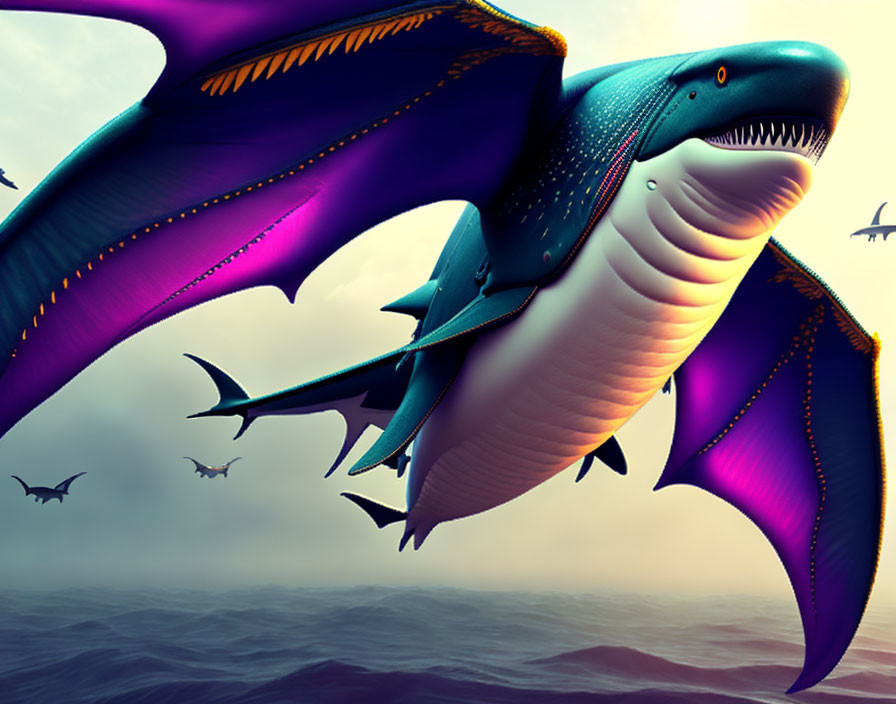 Giant shark with purple wings flying over ocean and bird-like creatures under purple sky