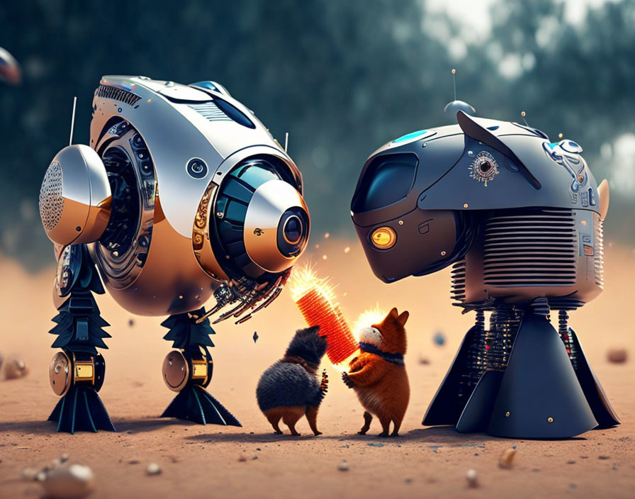 Futuristic robots and curious fox in sandy landscape