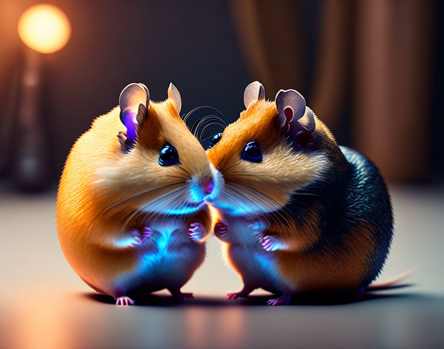 Anthropomorphic hamsters with human-like hands under warm light and cool blue reflections