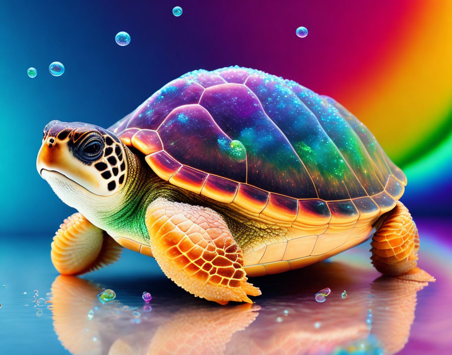 Colorful Turtle with Galaxy Shell and Bubbles on Vibrant Background