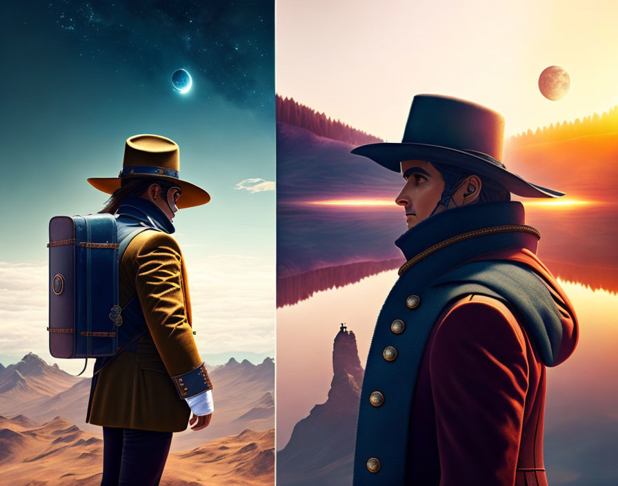 Split Image: Steampunk Traveler with Celestial and Mountain Landscapes