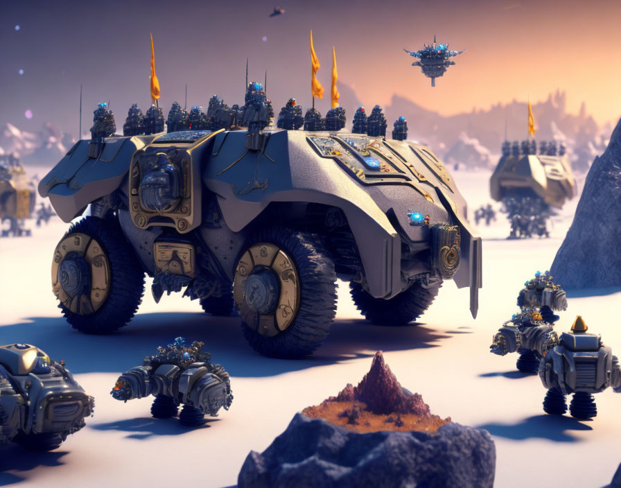 Armored vehicle with drones on snowy landscape with floating structure